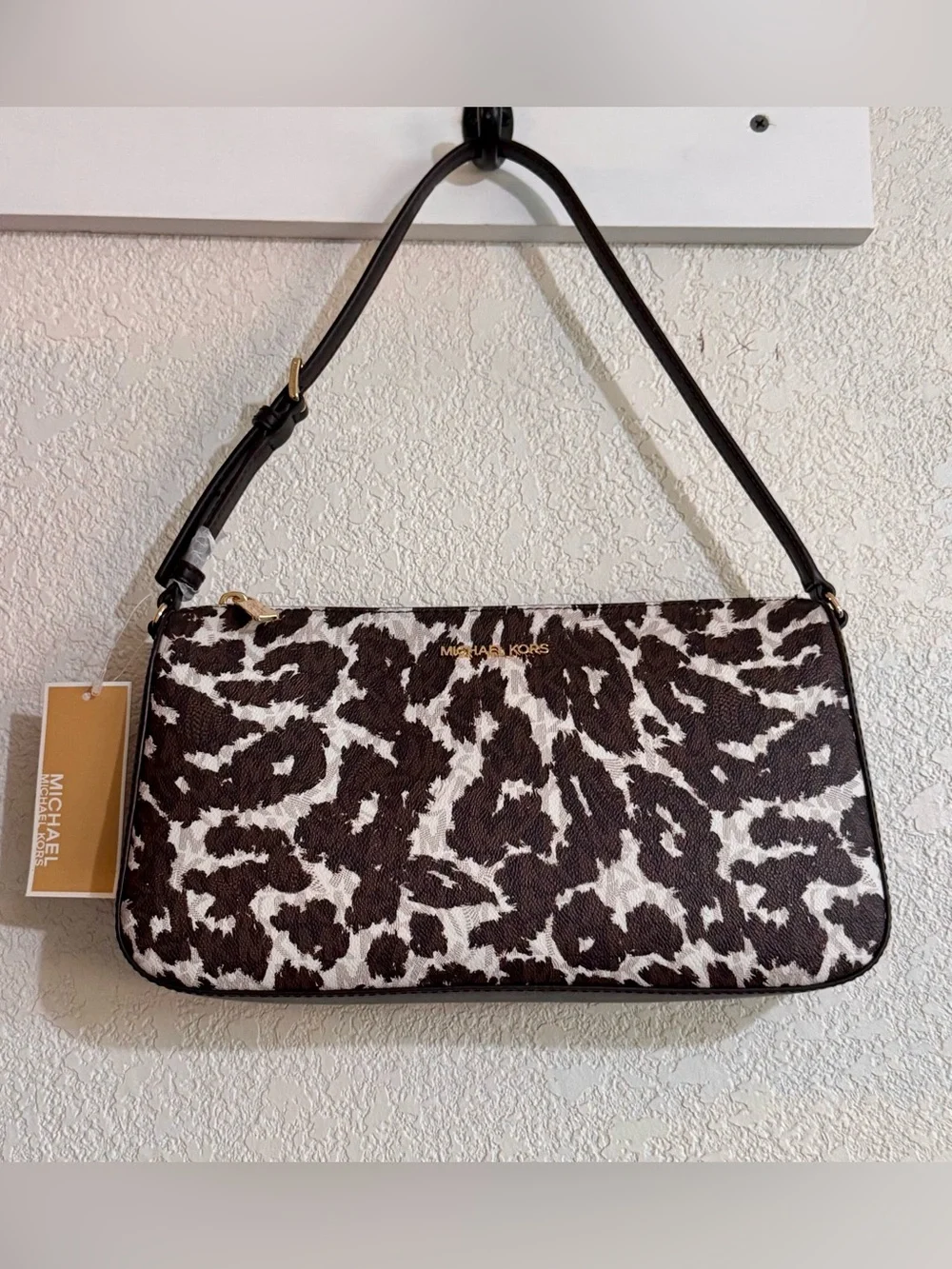 Michael Kors brown & cream Iconic Leopard Print Shoulder Bag leather accents